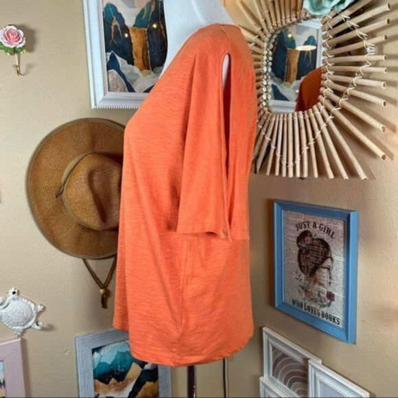 Jones New York Slub Knit V-NECK Short Sleeve Slit Orange T-Shirt Sz Small - Picture 6 of 10